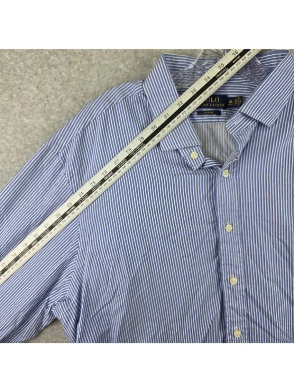 Polo Ralph Lauren Shirt Mens 18 34/35 Blue Pinstripe Slim Fit Button Dress Cotto